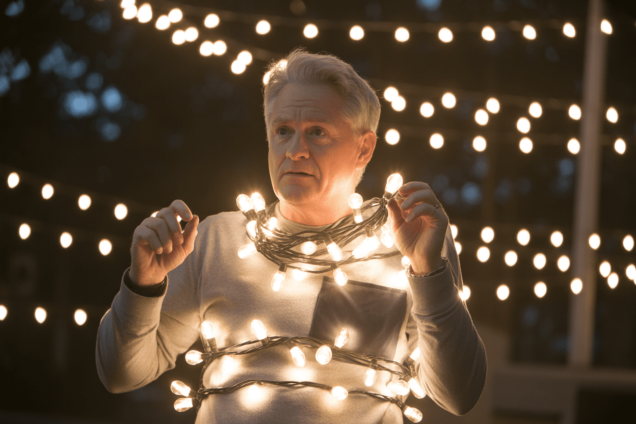 Sunset-lights-frustrated-person-removing-holiday-lights