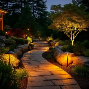 LED modern pathway lighting illuminating a stone pathway at night