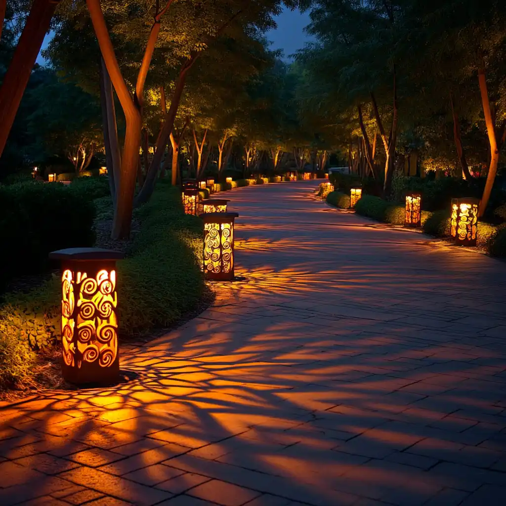 Sculptural modern pathway lighting illuminating a pathway at night