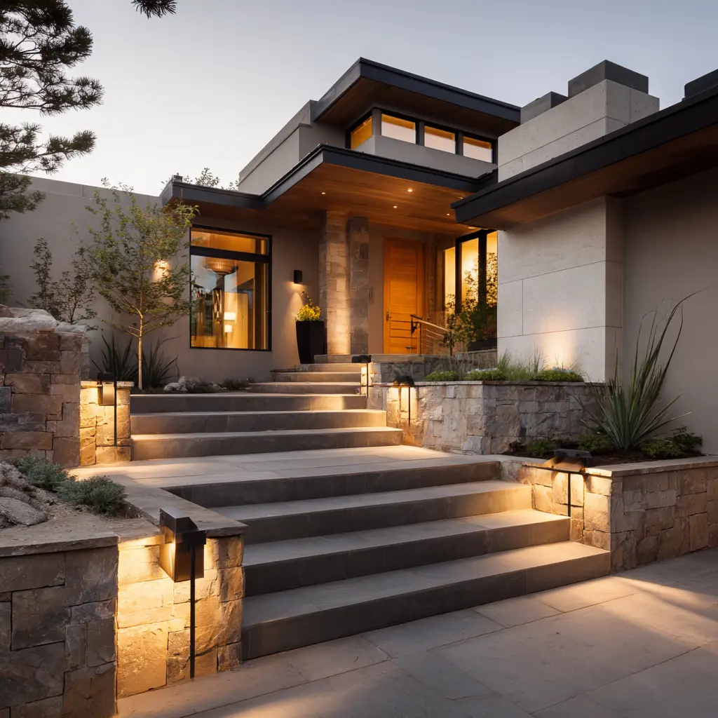 A modern home in Raleigh, NC illuminated with landscape and path lights.