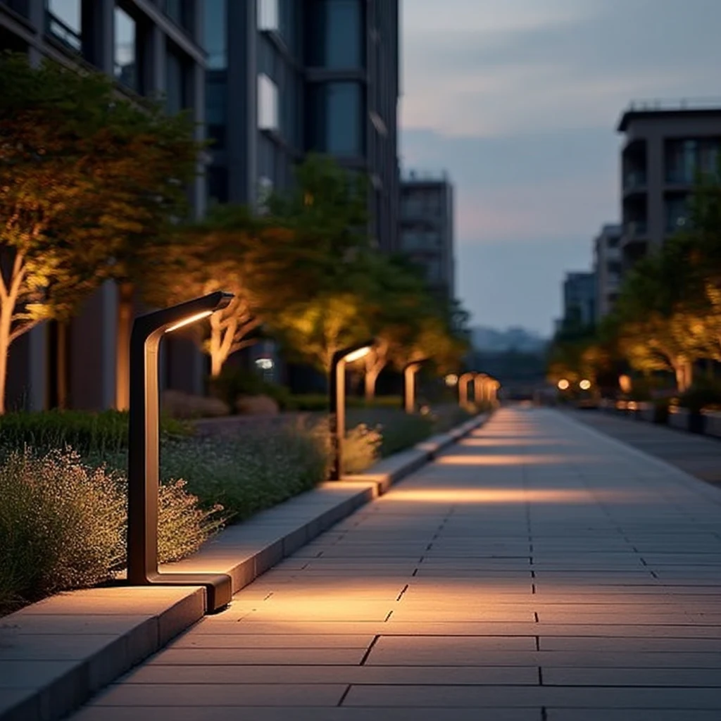 Modern outdoor path lights illuminating a path at dusk with commercial buildings in the background.