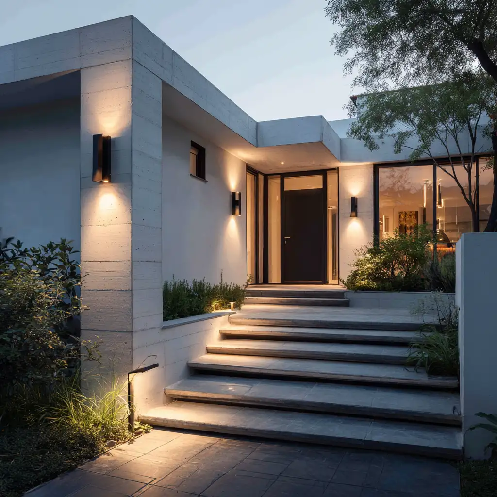 Modern Raleigh home entry with pathway lighting illuminating steps, walkway, and landscape features at dusk.
