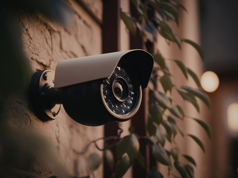 A security camera mounted on a wall, highlighting security lighting installation in Raleigh, NC.