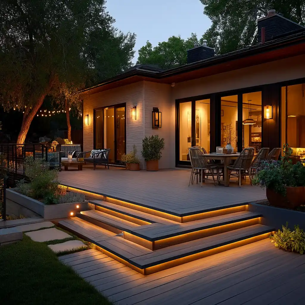 modern deck illuminated by professional deck lighting installation. best deck lighting company in Raleigh. deck lighting installer in Raleigh, Cary, Apex, Wake Forest, Fuquay-Varina, Durham.