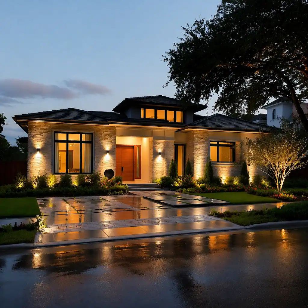 house at dusk after professional security and flood lighting installation. best security lighting company in Raleigh. security lighting installer in Raleigh, Cary, Apex, Wake Forest, Fuquay-Varina, Durham.