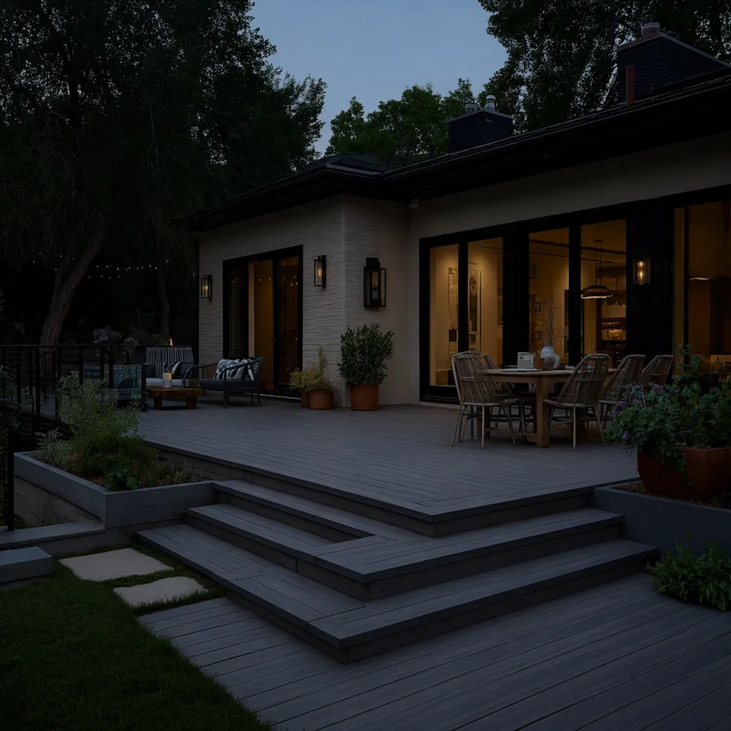 dim outdoor space before professional deck lighting installation. best deck lighting company in Raleigh. pathway lighting installer in Raleigh, Cary, Apex, Wake Forest, Fuquay-Varina, Durham.