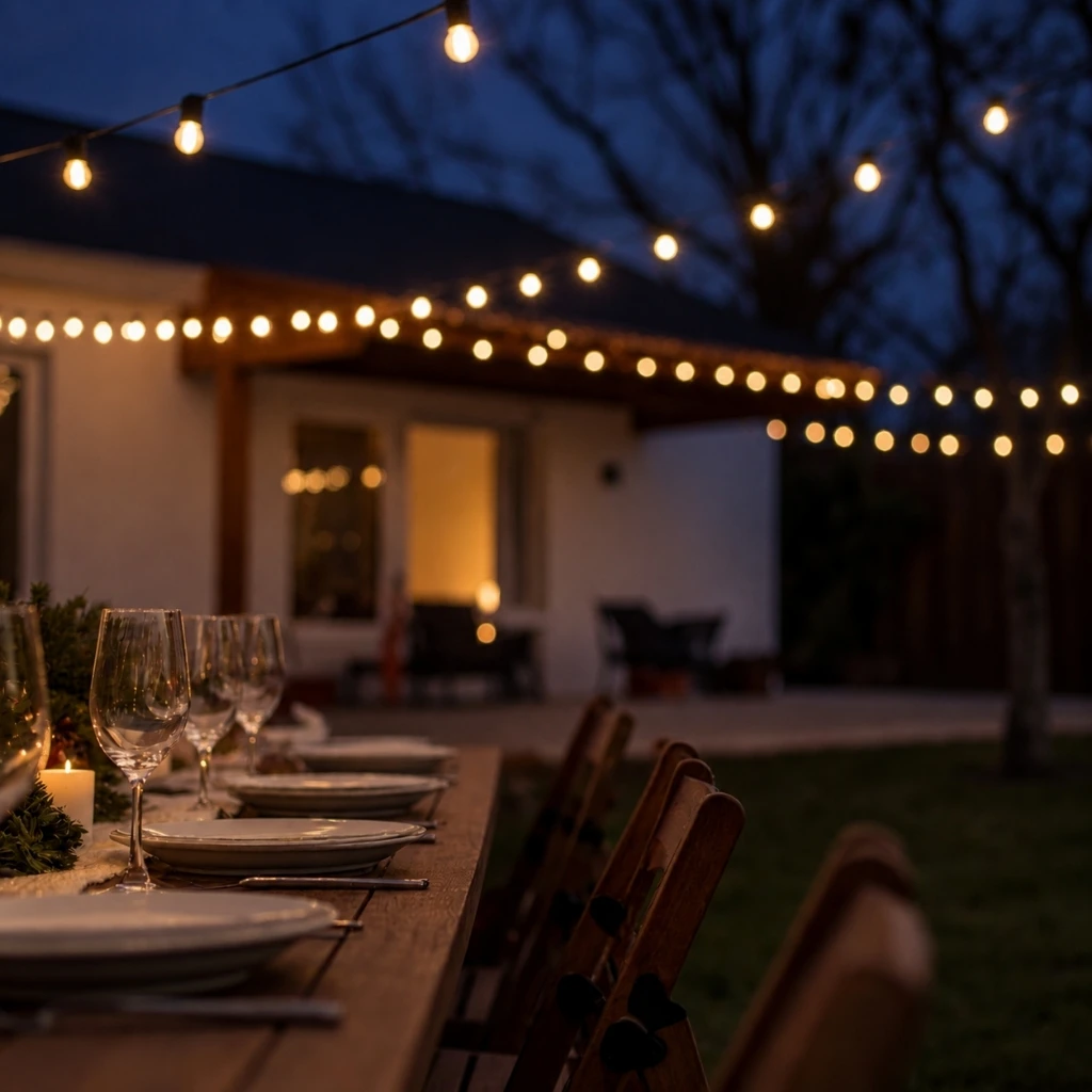 bistro lights outdoor at dusk in Raleigh, NC