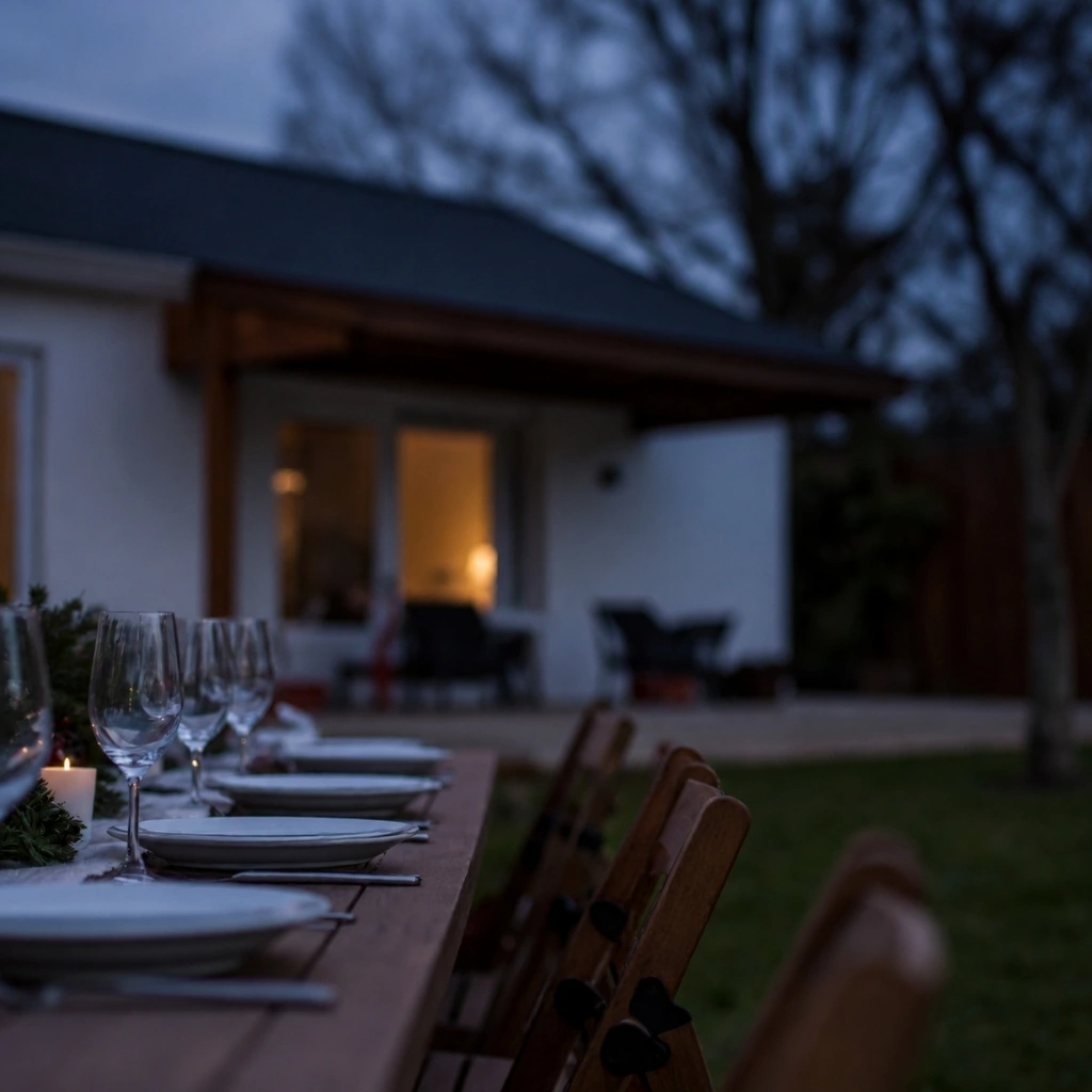 Outdoor space of a home at dusk, highlighting the need for Bistro lighting backyard, bistro lights outdoor, string lights installation, bistro light installation Raleigh.