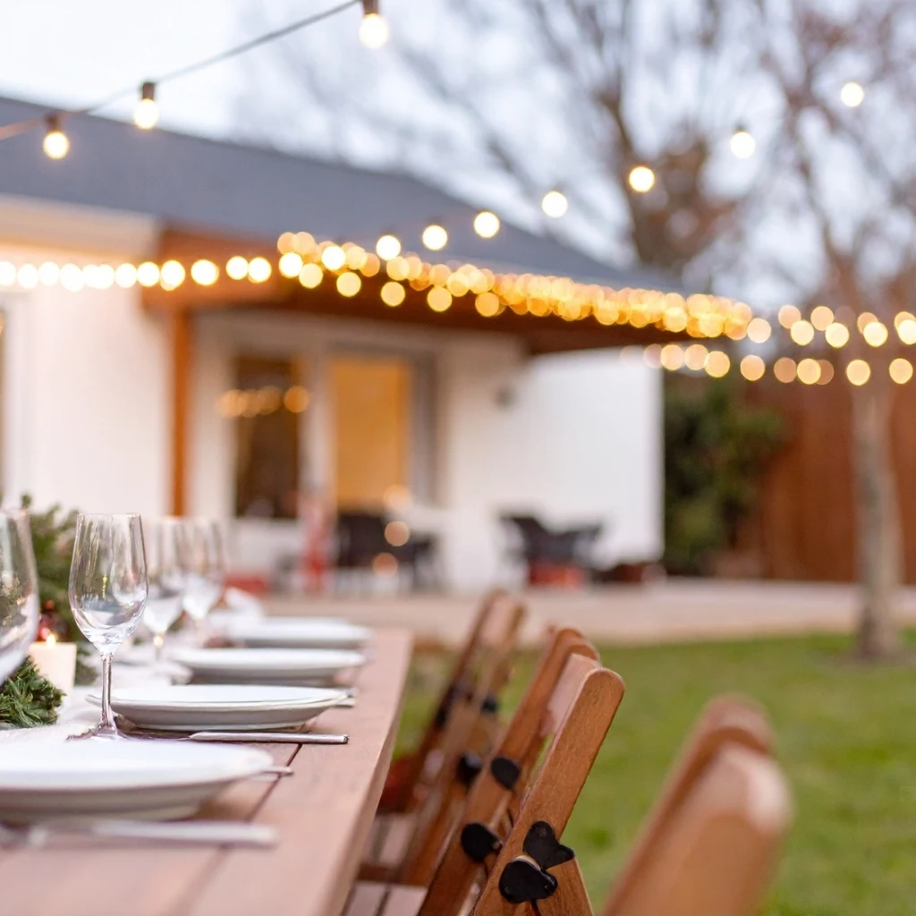 Modern backyard with table, chairs and bistro lights. Bistro lighting backyard, bistro lights outdoor, string lights installation, bistro light installation Raleigh.