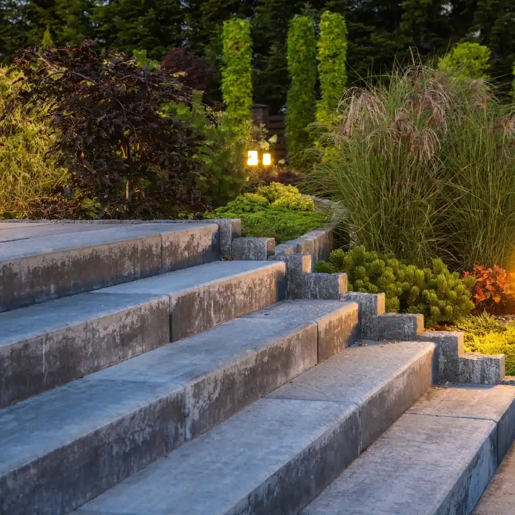 Stone stairs outside with outdoor lighting installed.