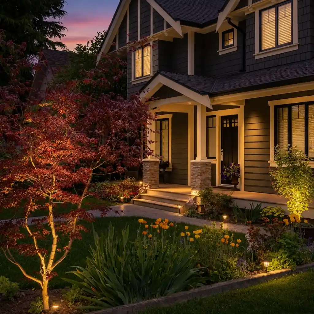 Apex outdoor lighting installation on a modern family home at dusk.