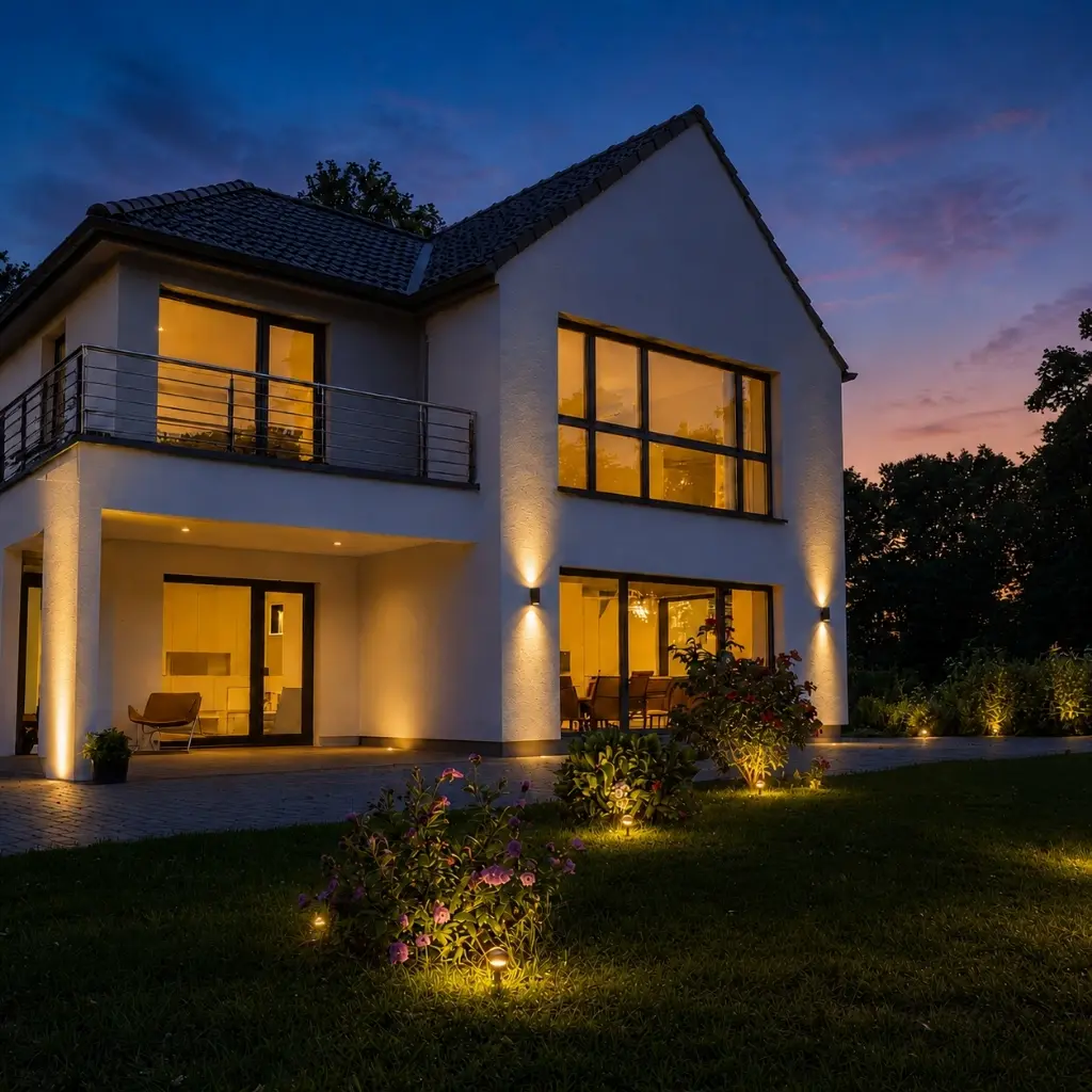 A Durham home featuring landscape lighting installation.