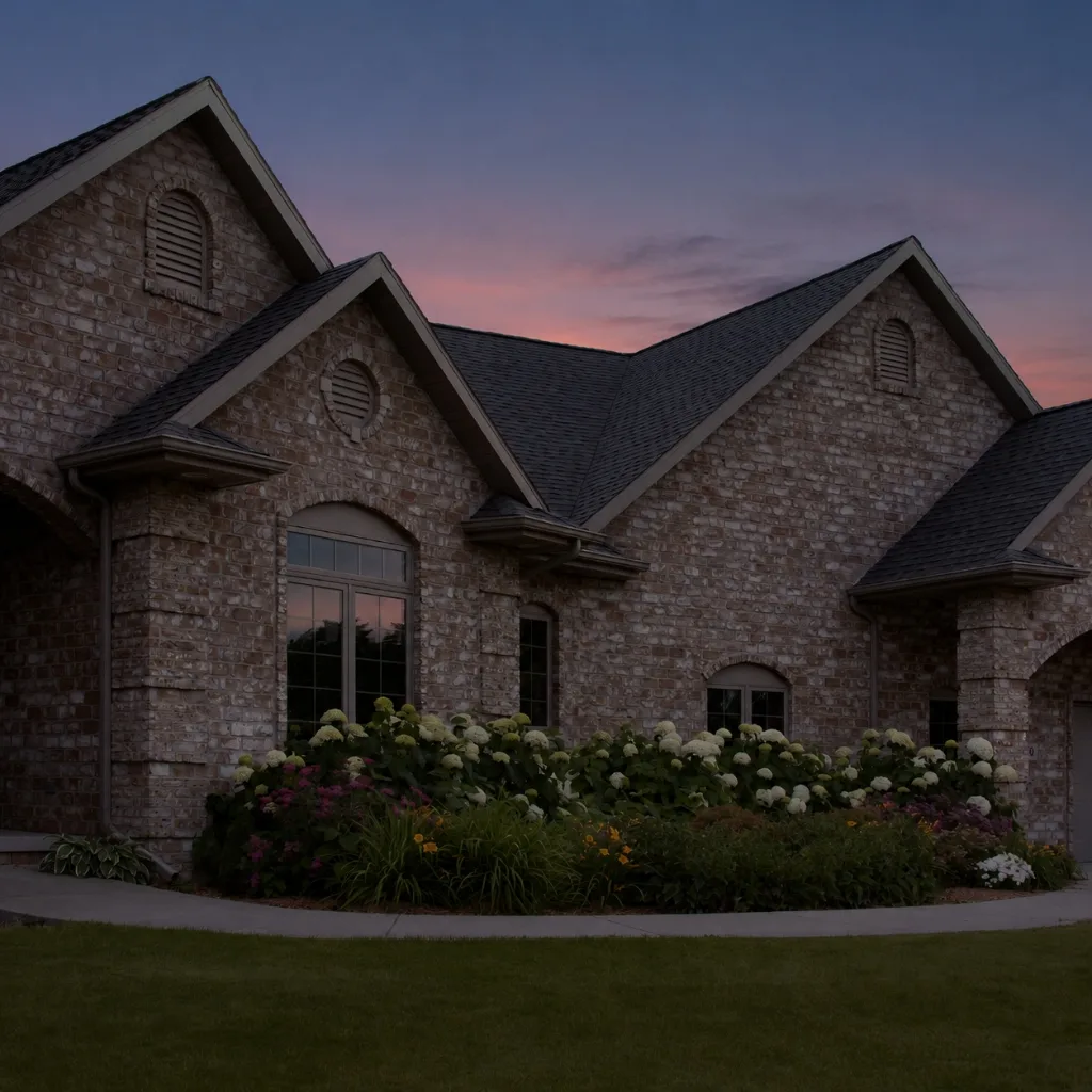 a grand stone Wake forest home at twilight before exterior home lighting has been installed.