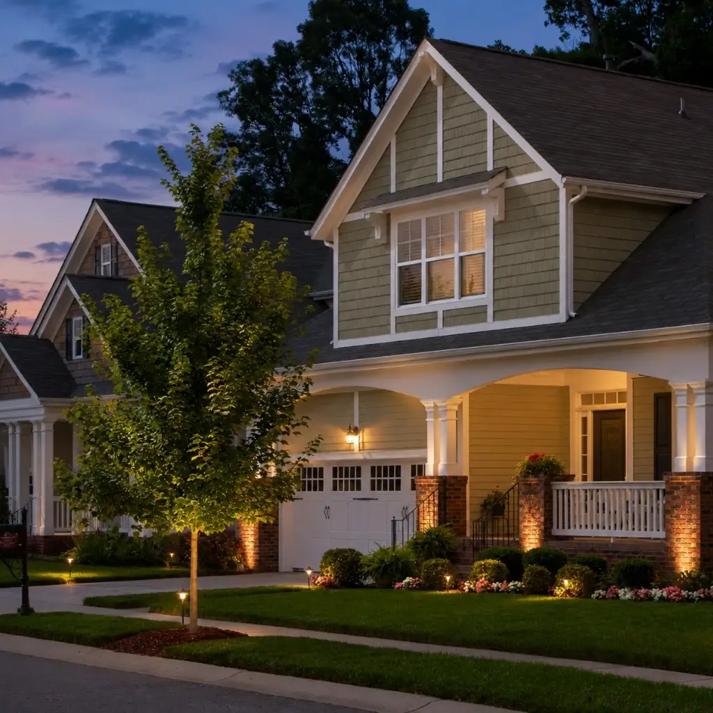 A residential home at sunset featuring outdoor lighting installation in Apex, NC.