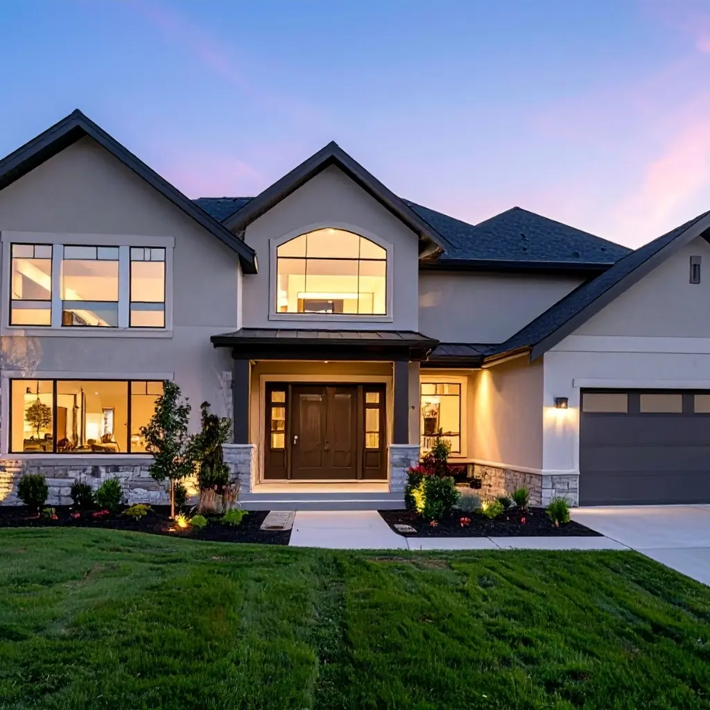 A modern family home at dusk featuring outdoor landscape lighting in Durham, NC.
