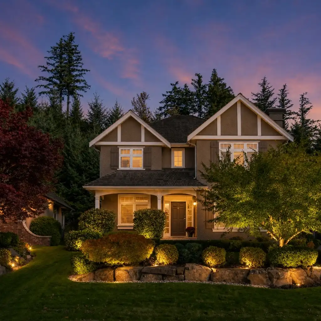 Modern family home at sunset featuring outdoor lighting installation in Durham, NC.