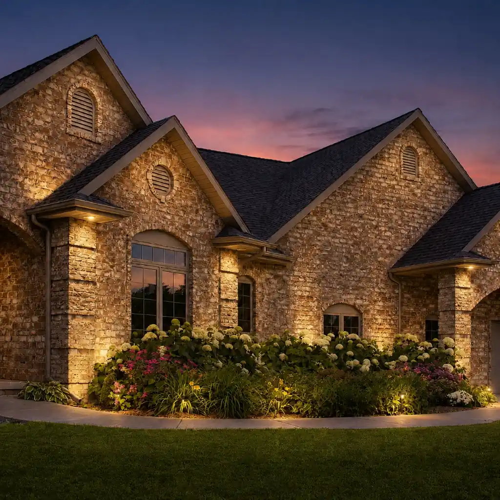 A grand stone home at twilight illuminated by outdoor lighting installation in Wake Forest, NC.