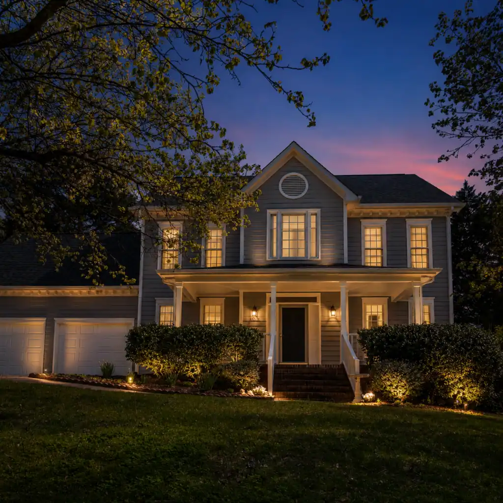 A modern Wake Forest family home at dusk that has outdoor and landscape lighting.