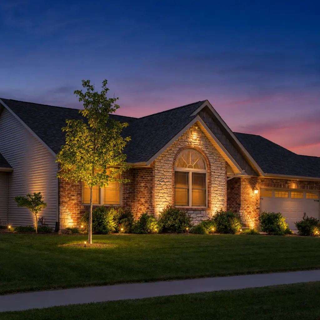 A brick and stone home photographed at twilight featuring Wake Forest outdoor lighting installation.